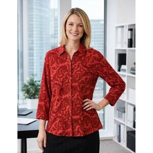 Vintage Chicos Size 1 Blouse 100% Silk Button Front Floral Embroidered Career